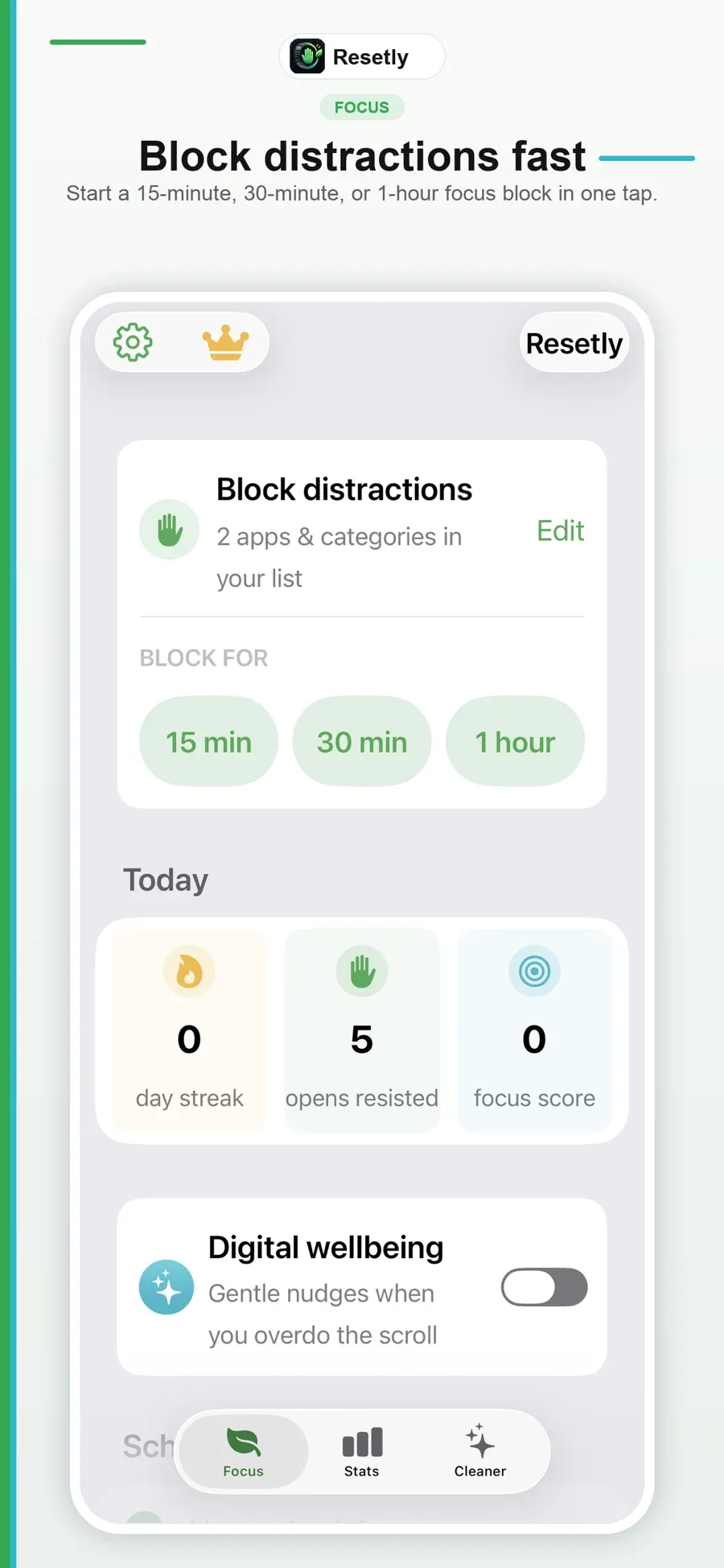 Resetly focus screen — block distractions for 15, 30, or 60 minutes in one tap