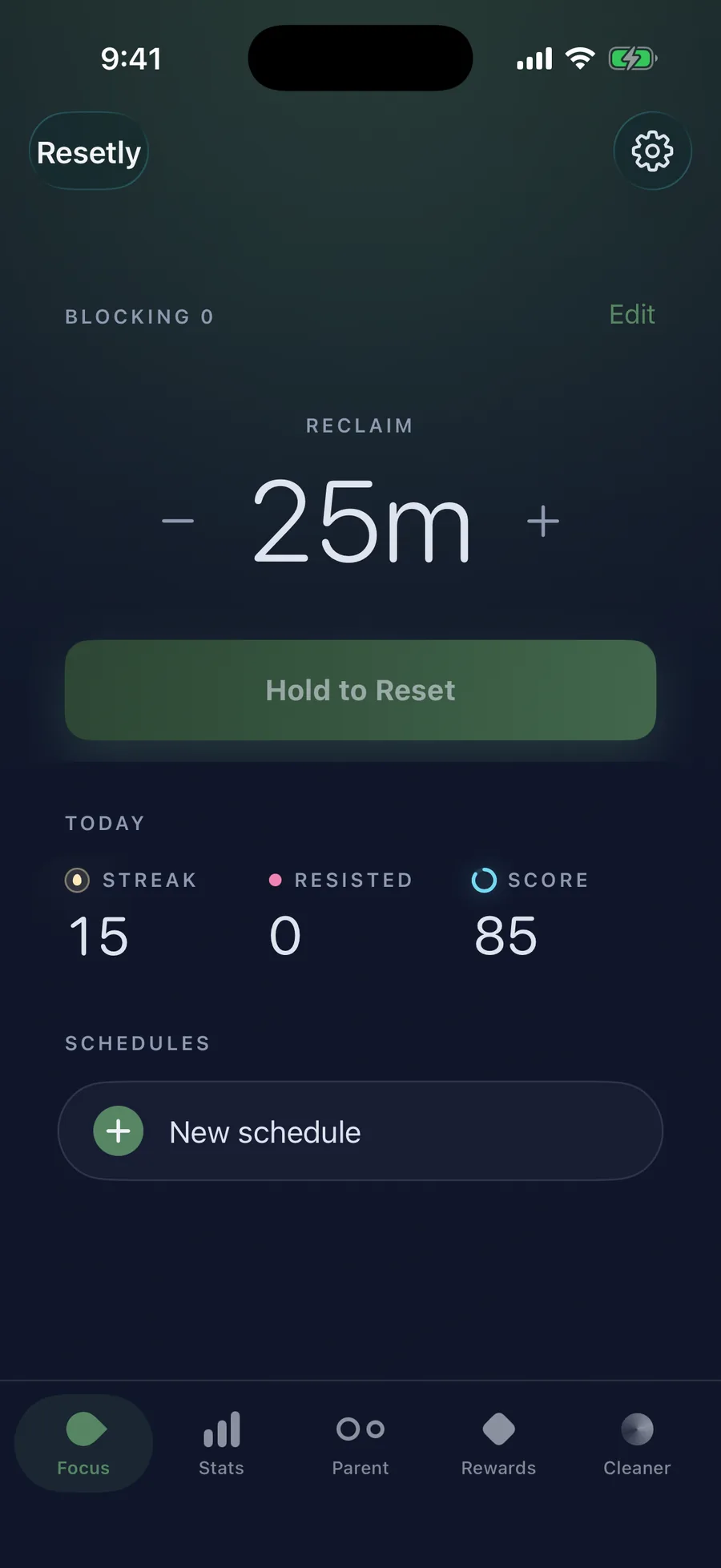 Resetly Focus — set a reclaim timer and hold to start