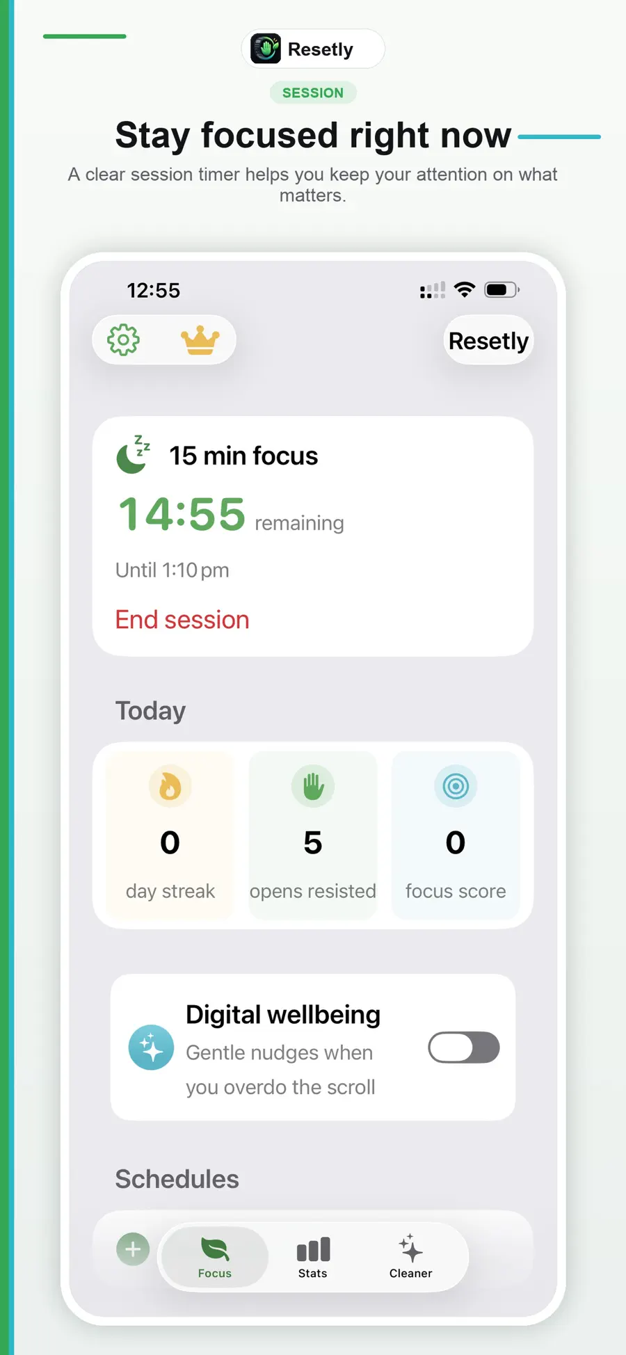 Resetly running a live focus block