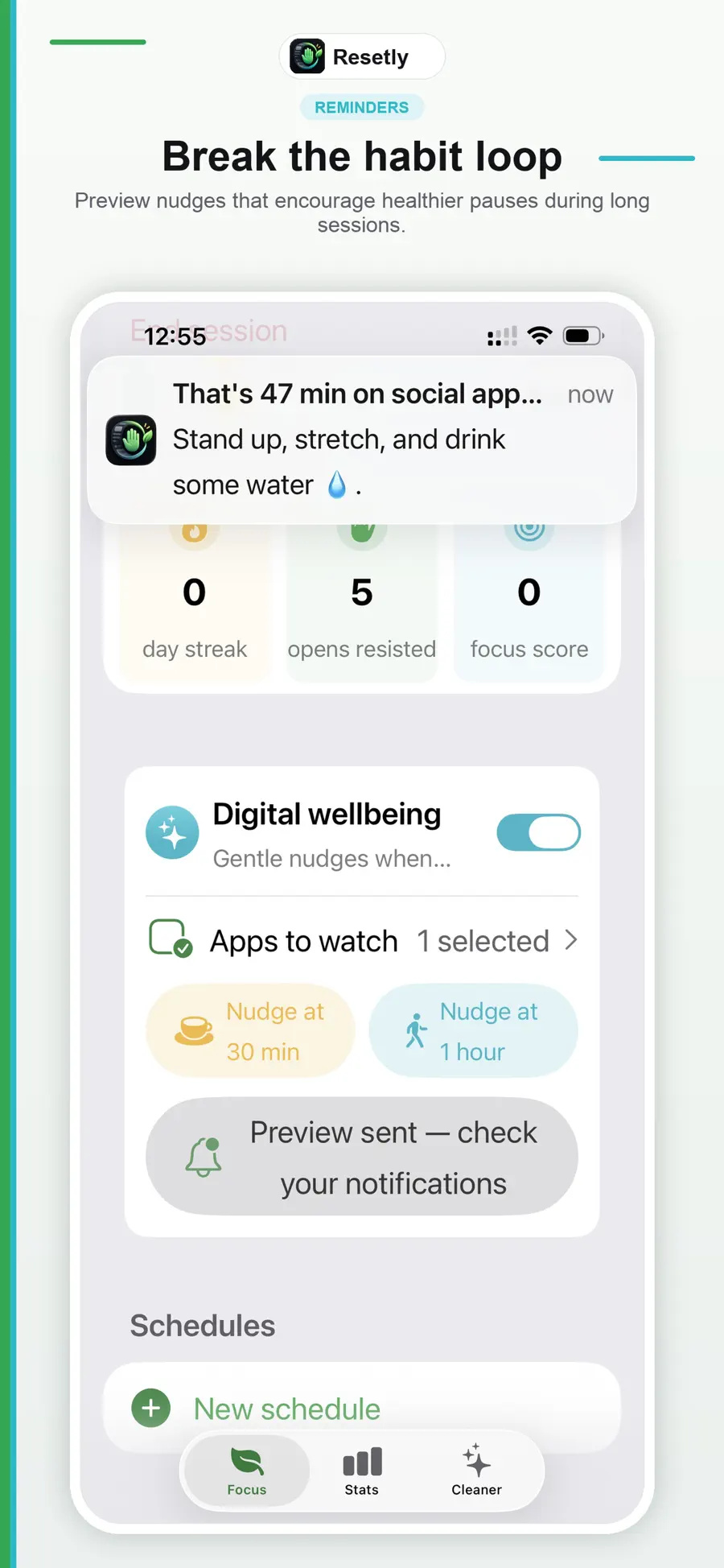 Resetly gentle wellbeing nudge notification