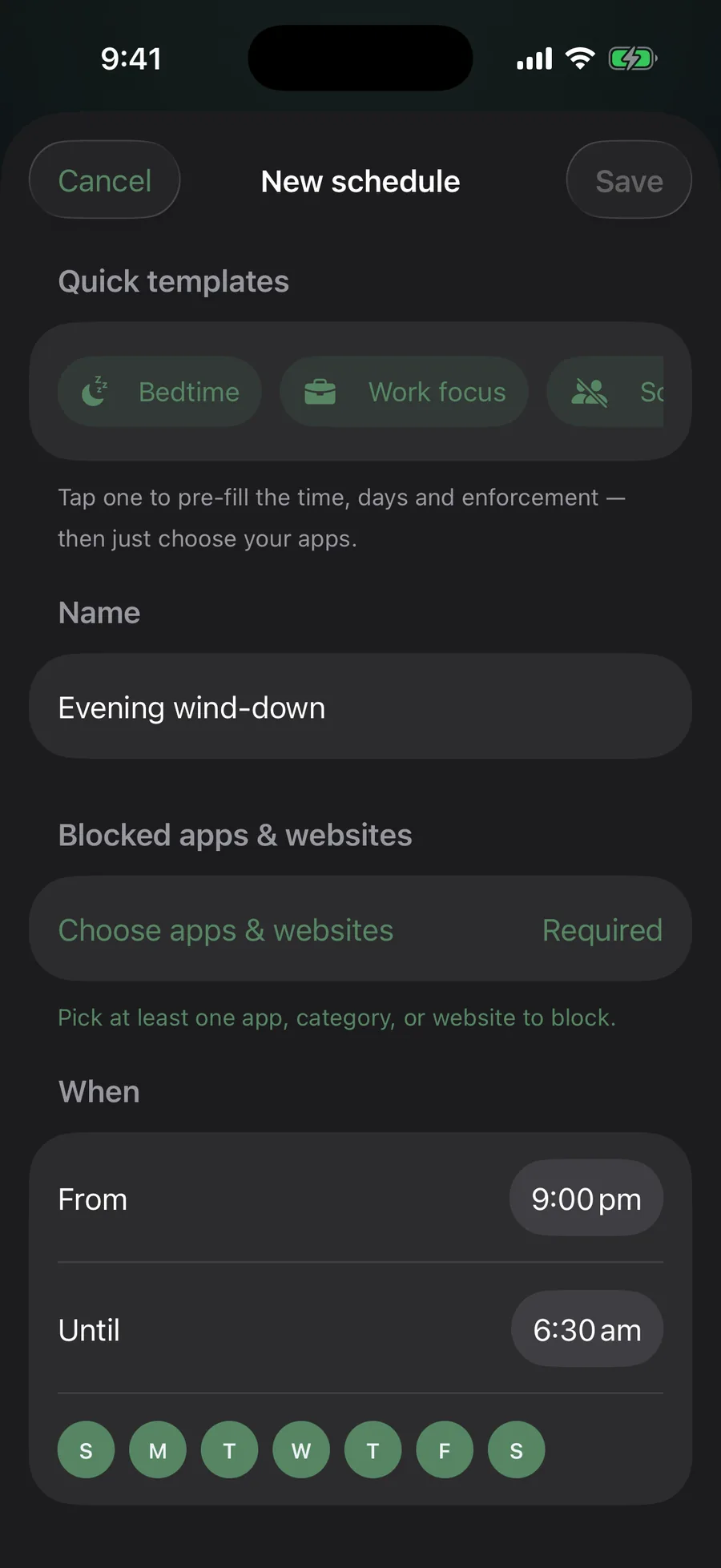 Resetly smart schedules — quick templates for bedtime, work and study with a time window
