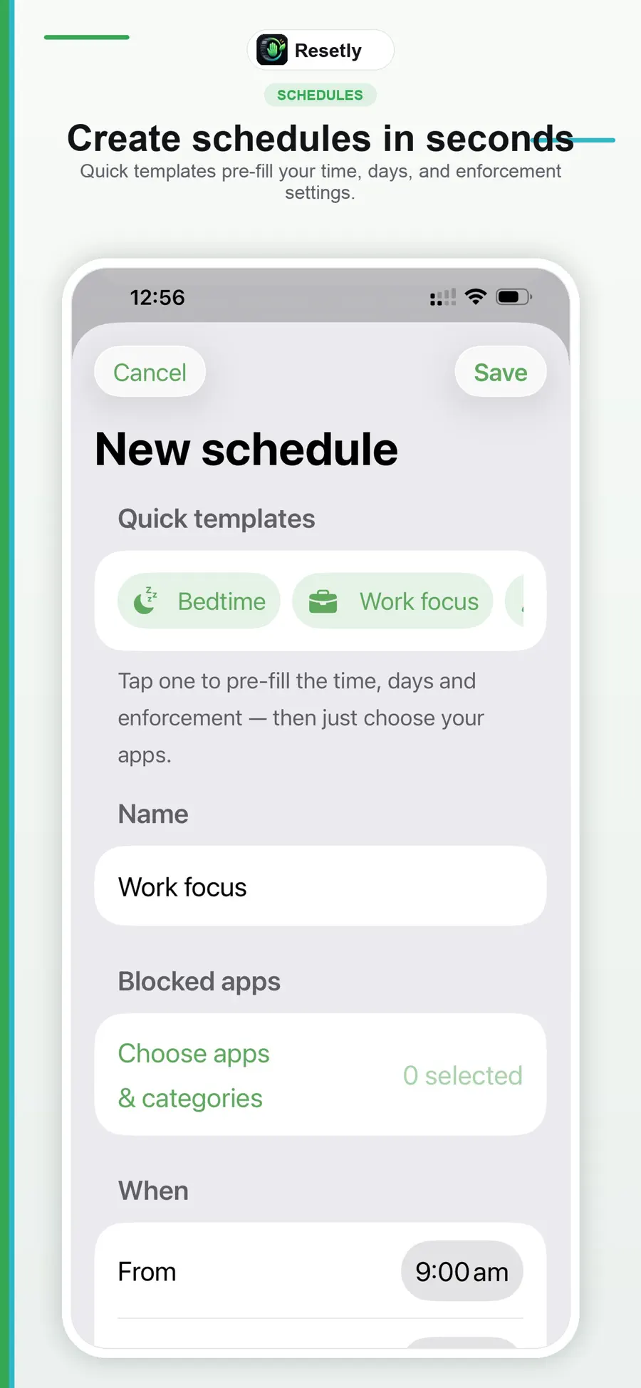 Resetly recurring schedule templates for bedtime, work and study