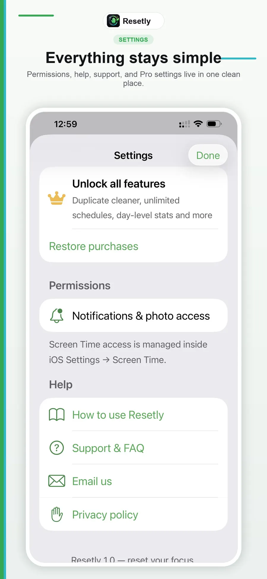 Resetly settings and support screen